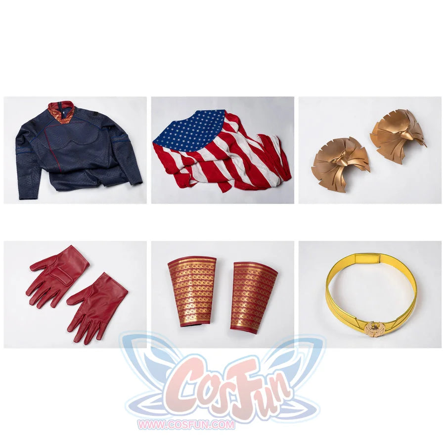 Homelander cosplay costume set layout gathers jumpsuit and cloak beside armor, bracers, gloves and belt.