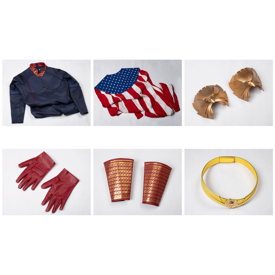 Homelander cosplay costume set layout gathers jumpsuit and cloak beside armor, bracers, gloves and belt.