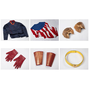 Homelander cosplay costume set layout gathers jumpsuit and cloak beside armor, bracers, gloves and belt.