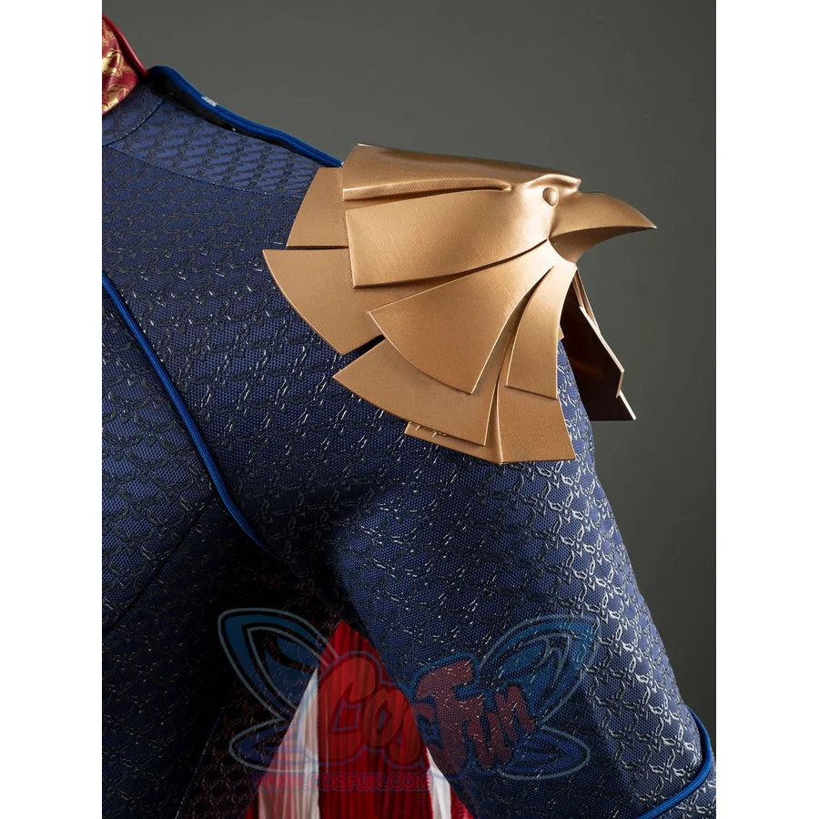 Homelander cosplay costume shoulder armor side view curves gold-tone plates across the upper sleeve.