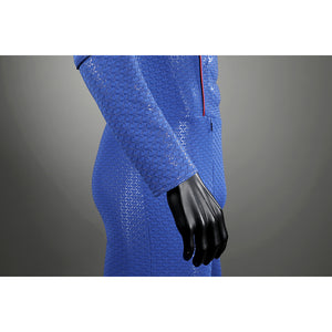 Close-up of Homelander cosplay costume side torso from The Boys with blue textured fabric and red piping
