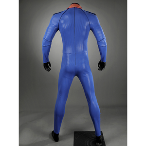 Side view of Homelander cosplay costume from The Boys with blue bodysuit and gold shoulder armor displayed on a mannequin