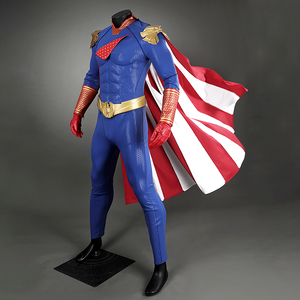 Side view of Homelander cosplay costume from The Boys with red and white striped cape displayed on a mannequin