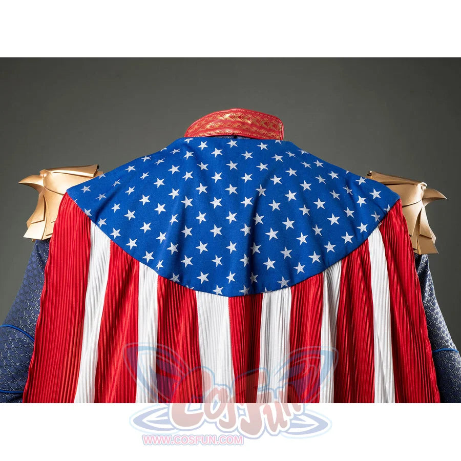 Homelander cosplay costume cloak back detail spreads white stars over the blue shoulder panel.