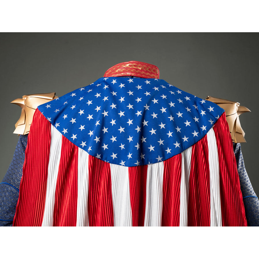 Homelander cosplay costume cloak back detail spreads white stars over the blue shoulder panel.