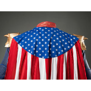 Homelander cosplay costume cloak back detail spreads white stars over the blue shoulder panel.