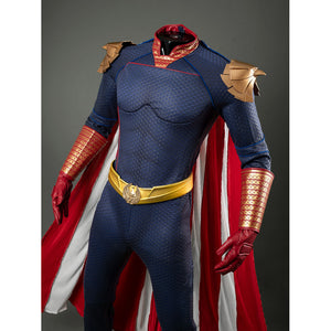 Homelander cosplay costume upper body layers gold-tone shoulder armor above the eagle belt.