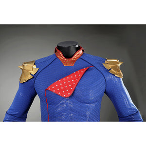 Front upper body view of Homelander cosplay costume from The Boys with gold shoulder armor and red chest panel