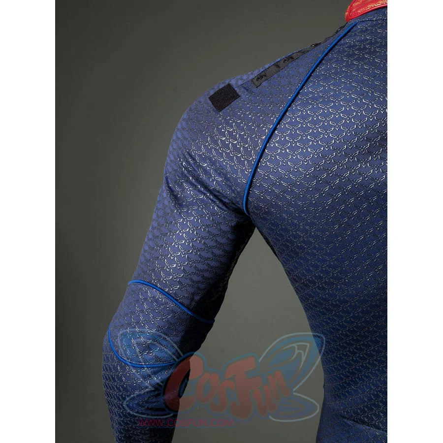 Homelander cosplay costume upper sleeve detail arcs blue piping around textured fitted fabric.