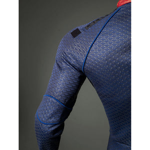 Homelander cosplay costume upper sleeve detail arcs blue piping around textured fitted fabric.