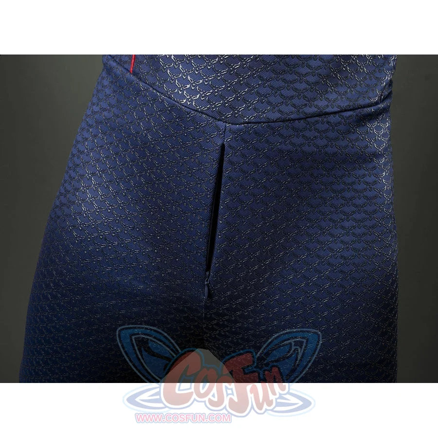 Homelander cosplay costume jumpsuit waist detail traces the front seam through blue textured fabric.