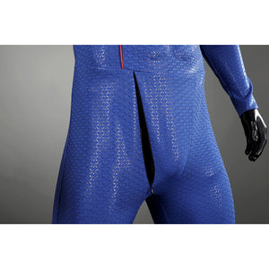 Close-up of Homelander cosplay costume front zipper from The Boys on blue textured fabric