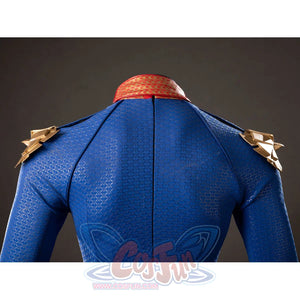The Boys Homelander cosplay bodysuit back detail traces blue shoulder seams under gold armor pieces.