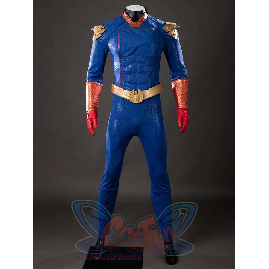 The Boys Homelander cosplay costume centers the blue bodysuit, red gloves, and gold belt in front view.