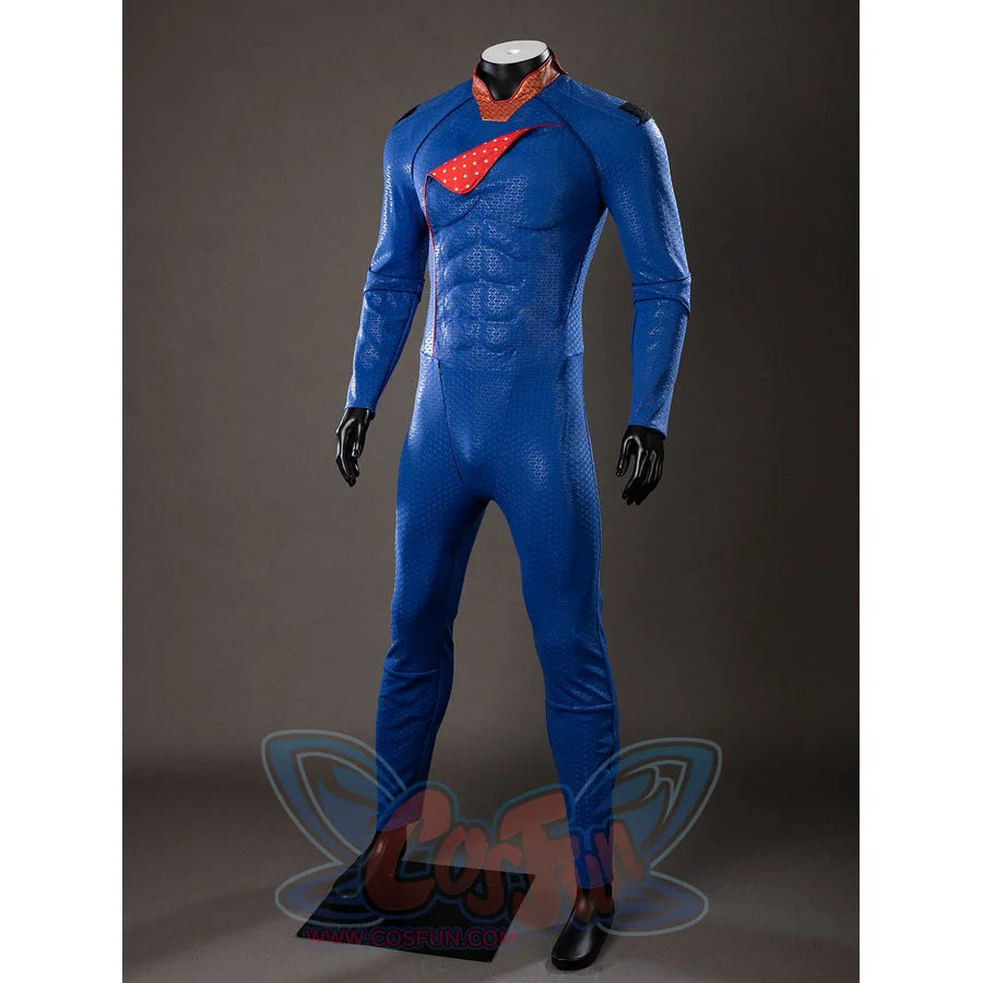 The Boys Homelander cosplay bodysuit angles the blue torso print toward the red collar trim.