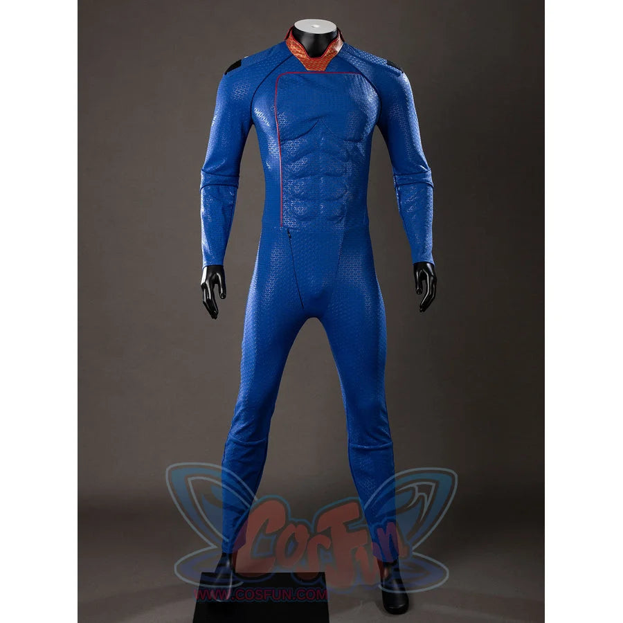 The Boys Homelander cosplay bodysuit front view highlights blue printed muscle panels and a red collar.