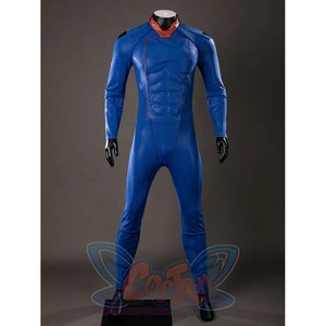 The Boys Homelander cosplay bodysuit front view highlights blue printed muscle panels and a red collar.