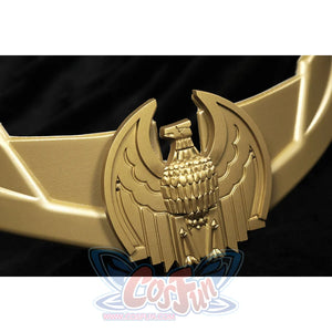 The Boys Homelander cosplay belt buckle close-up frames the gold-tone eagle crest and raised wing edges.
