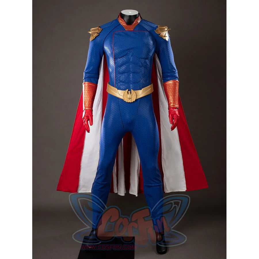 The Boys Homelander cosplay costume front view sets the red cape behind a blue suit and gold eagle belt.