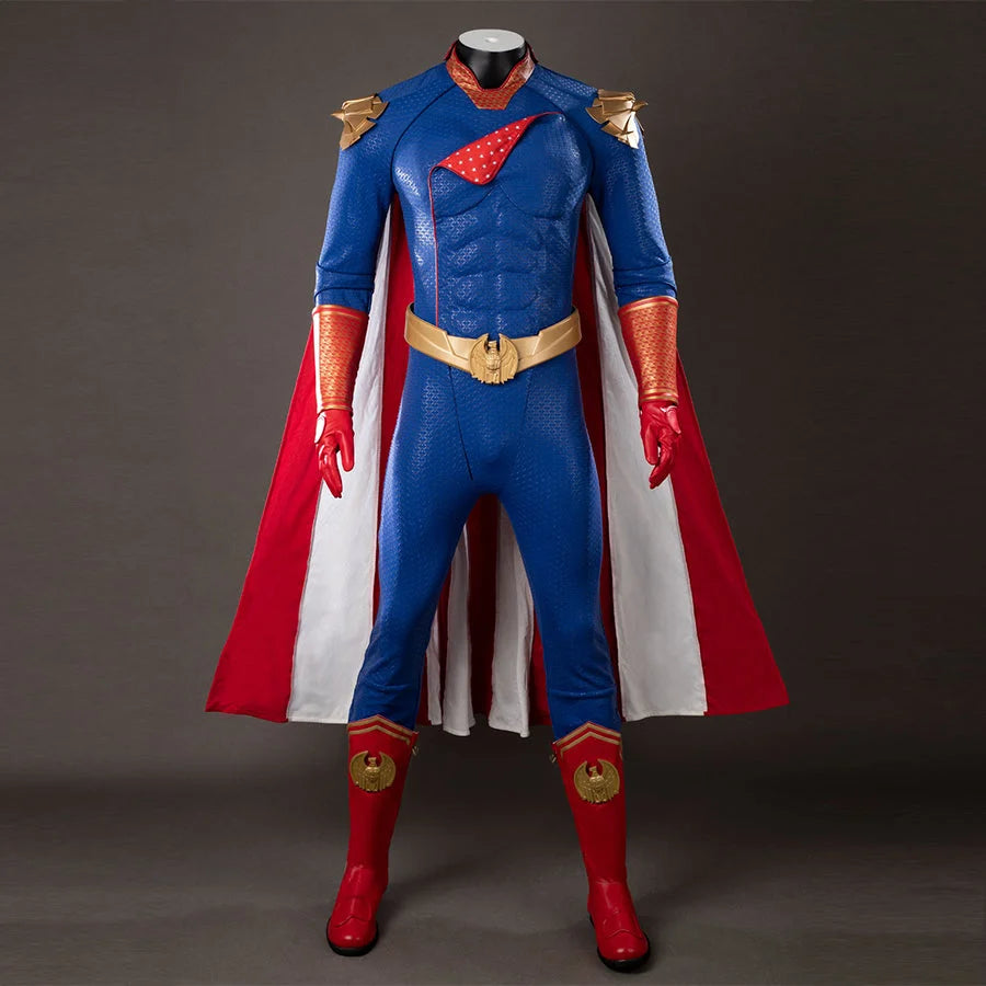 COSFUN The Boys Homelander cosplay costume layers a blue bodysuit under a red cape, anchored by gold armor and belt.