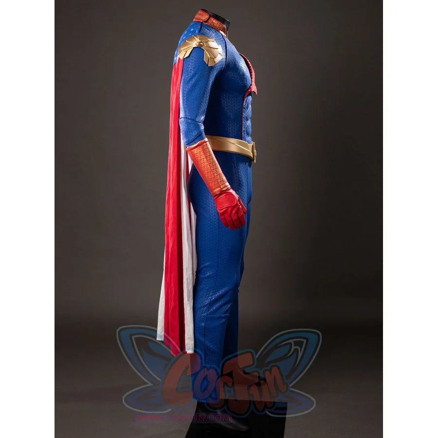 The Boys Homelander cosplay costume side profile lets the striped cape fall beside the blue bodysuit.