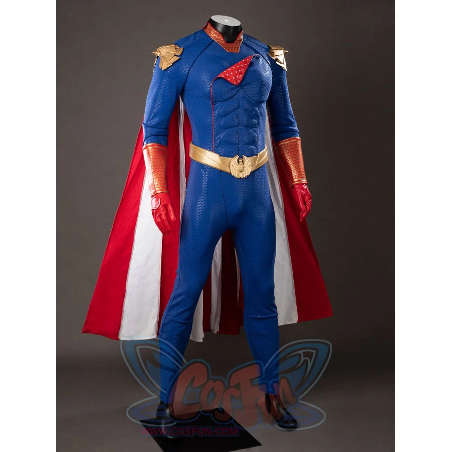 The Boys Homelander cosplay costume frames the blue suit between red cape panels and gold shoulder armor.