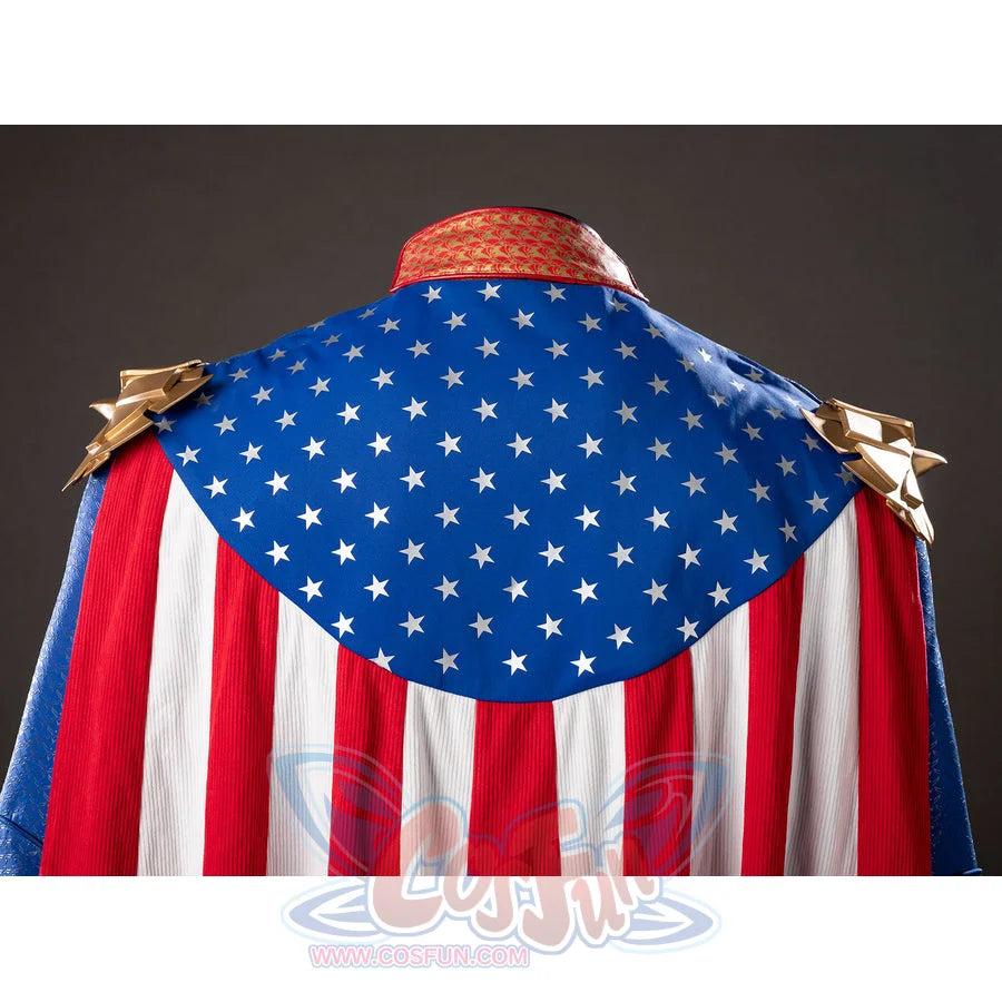 The Boys Homelander cosplay cape detail spreads a blue star yoke above red and white vertical panels.