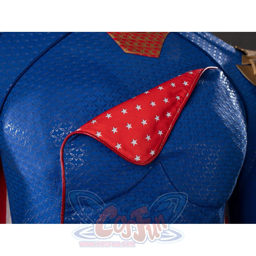 The Boys Homelander cosplay chest flap detail sets red star-patterned fabric over the blue bodysuit.