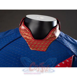 The Boys Homelander cosplay costume collar detail sets red patterned trim against textured blue fabric.