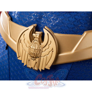 The Boys Homelander cosplay belt detail centers a gold-tone eagle buckle over textured blue fabric.