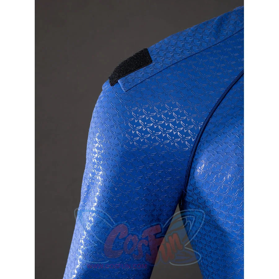 The Boys Homelander cosplay bodysuit hip detail highlights blue textured fabric and printed panel lines.