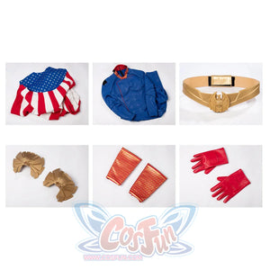 The Boys Homelander cosplay costume flat lay arranges the cloak, jumpsuit, belt, shoulder armor, gloves, and wrist guards.