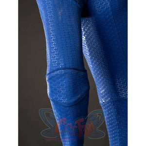 The Boys Homelander cosplay bodysuit knee detail rounds the blue panel against textured leg fabric.