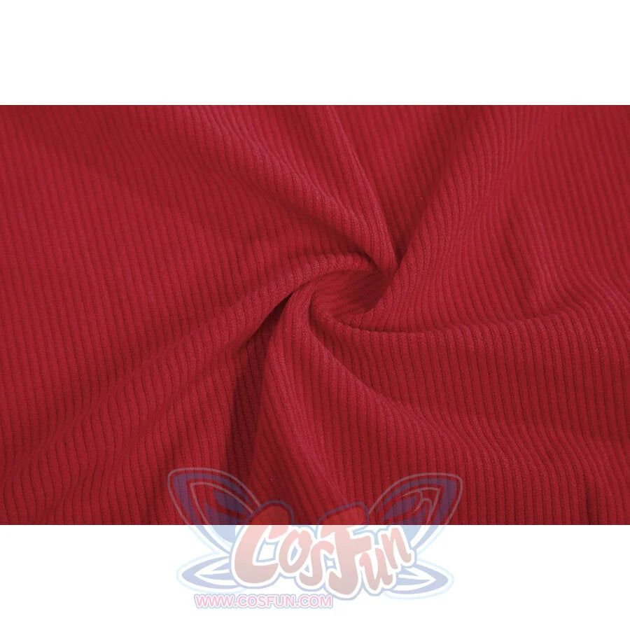 The Boys Homelander cosplay fabric swatch detail twists red ribbed cloth to show its stretch texture.