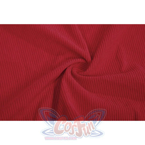 The Boys Homelander cosplay fabric swatch detail twists red ribbed cloth to show its stretch texture.