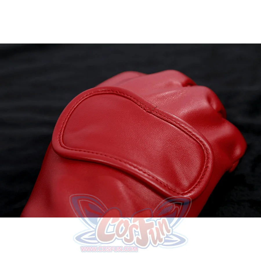 The Boys Homelander cosplay glove close-up frames a red wrist flap, raised seams, and smooth fingers.