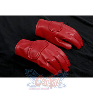 The Boys Homelander cosplay glove pair lays red wrist flaps and molded fingers side by side.