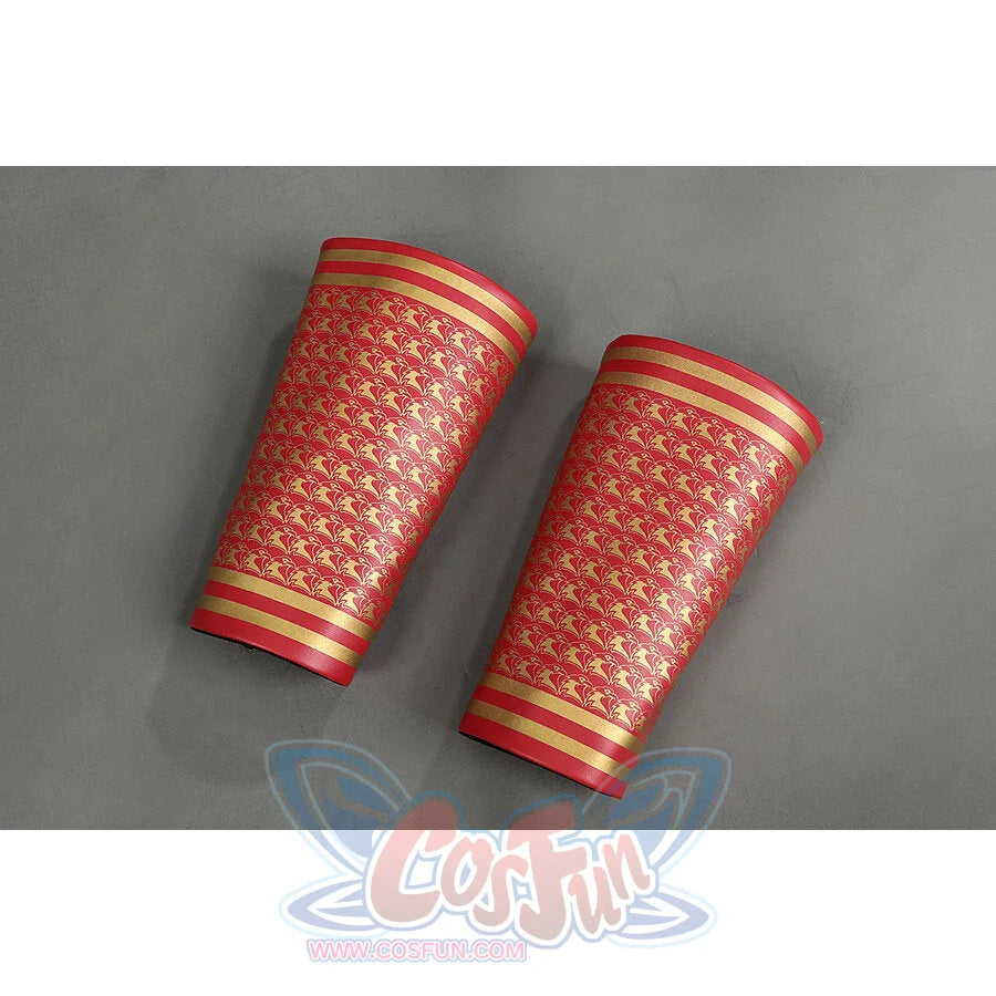 The Boys Homelander cosplay wrist guards pair red patterned panels with gold-tone bands at each edge.