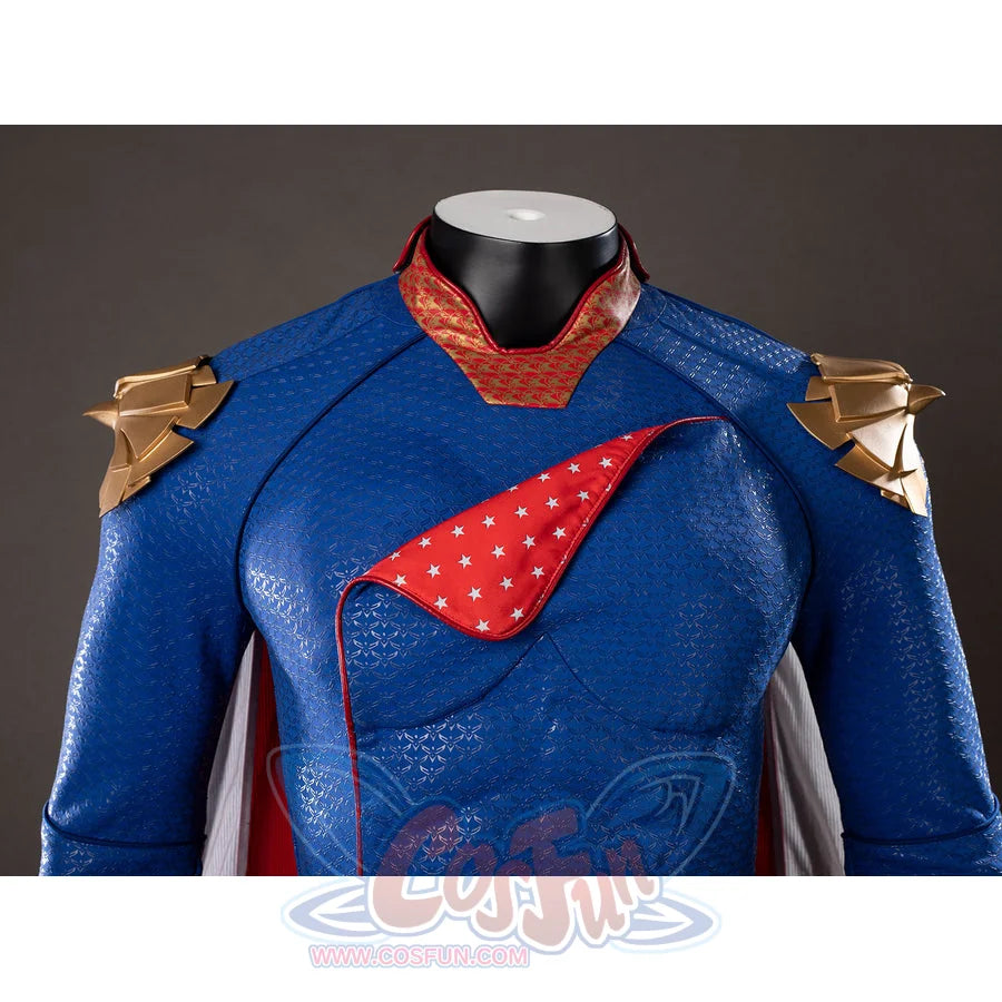 The Boys Homelander cosplay costume upper torso detail layers gold shoulder armor over the red chest flap.