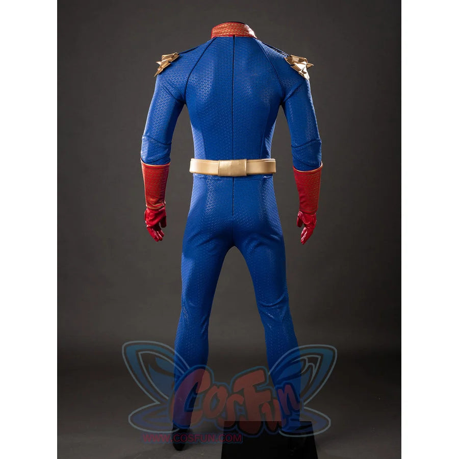 The Boys Homelander cosplay bodysuit back view traces blue paneling below the gold waist belt.