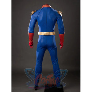 The Boys Homelander cosplay bodysuit back view traces blue paneling below the gold waist belt.