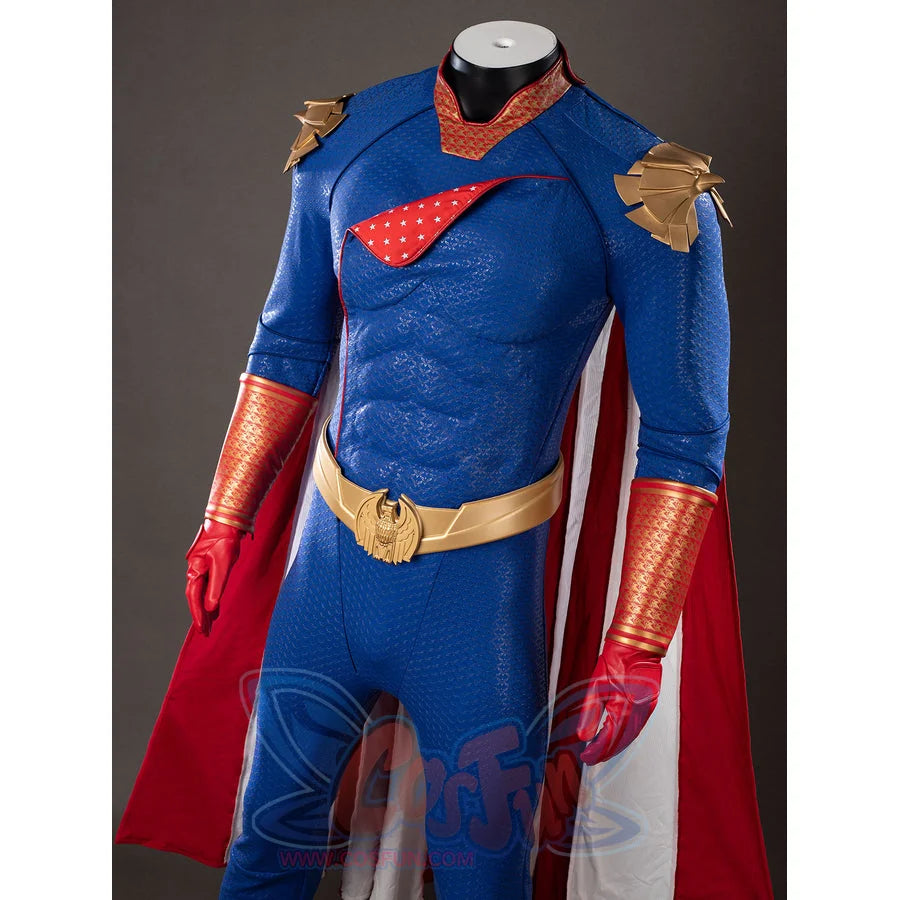 The Boys Homelander cosplay costume torso view frames the red chest flap, cape edge, gloves, and belt.