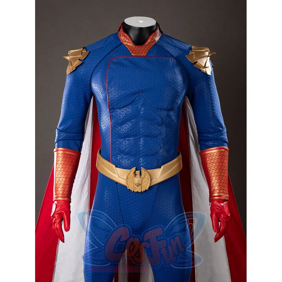 The Boys Homelander cosplay costume front torso sets gold shoulder armor over a blue suit and red gloves.
