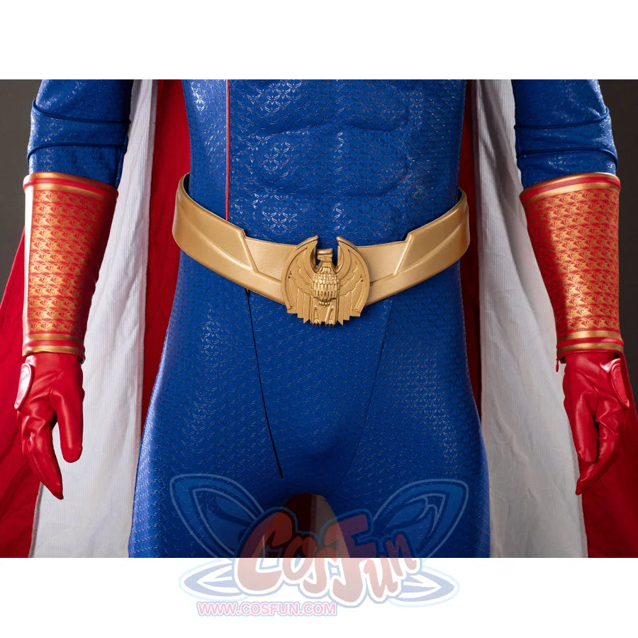 The Boys Homelander cosplay costume waist detail anchors red gloves beside the gold eagle belt.