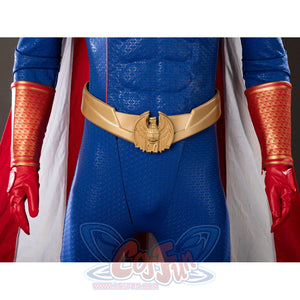 The Boys Homelander cosplay costume waist detail anchors red gloves beside the gold eagle belt.