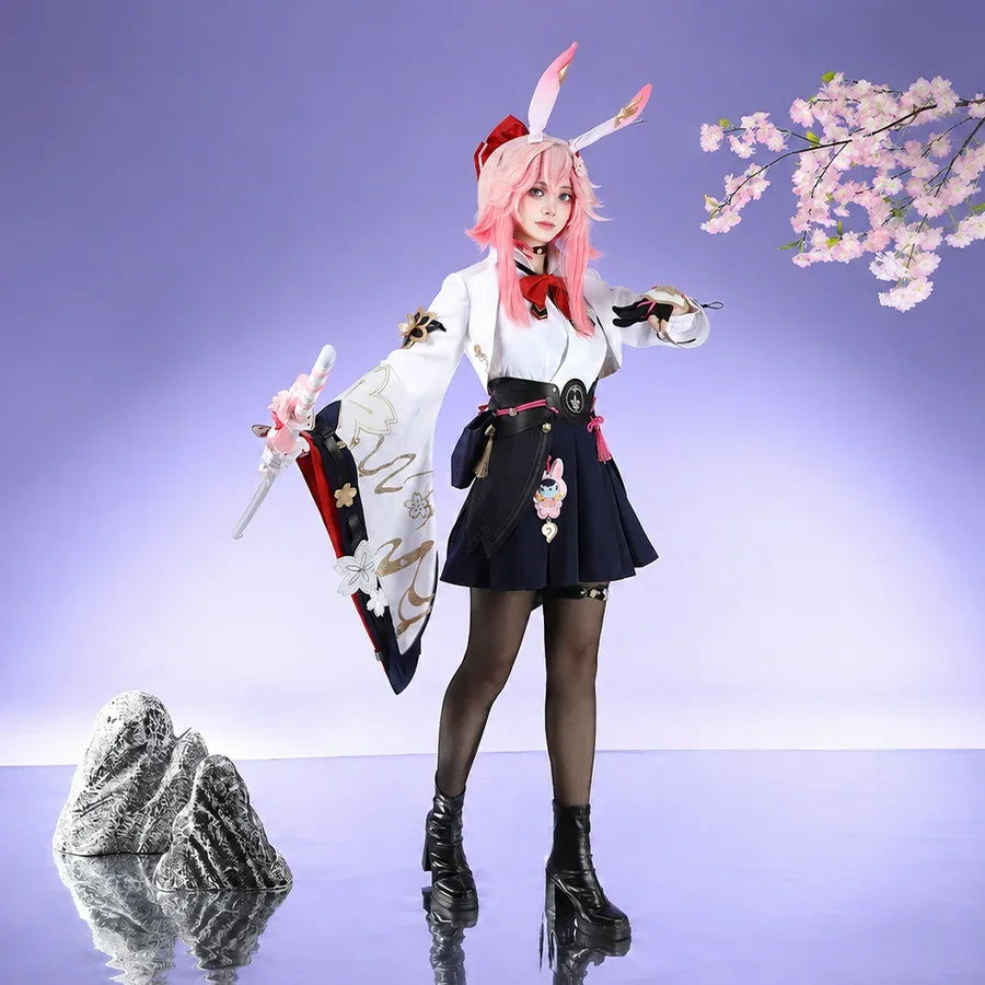 COSFUN Honkai: Star Rail Evanescia cosplay costume front view shows white outerwear over a black skirt