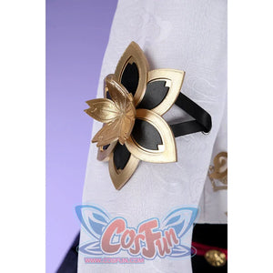 Honkai: Star Rail Evanescia cosplay arm accessory detail shows a gold-tone flower layered over white fabric