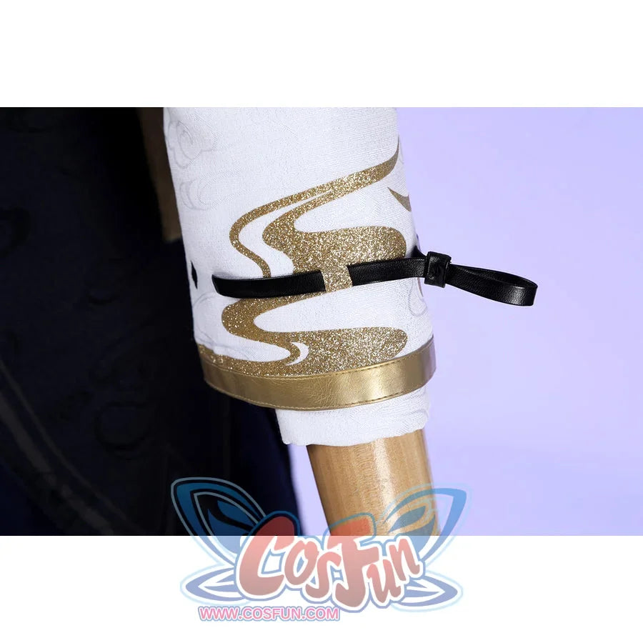 Honkai: Star Rail Evanescia cosplay arm and leg ring detail shows gold-tone bands over translucent straps