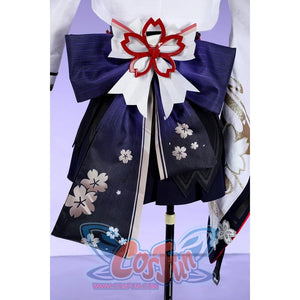 Honkai: Star Rail Evanescia cosplay back waist detail layers a purple bow beneath red and white floral shapes