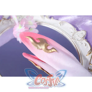 Honkai: Star Rail Evanescia cosplay bunny ear trim close-up shows gold-tone scrollwork over pink plush fabric
